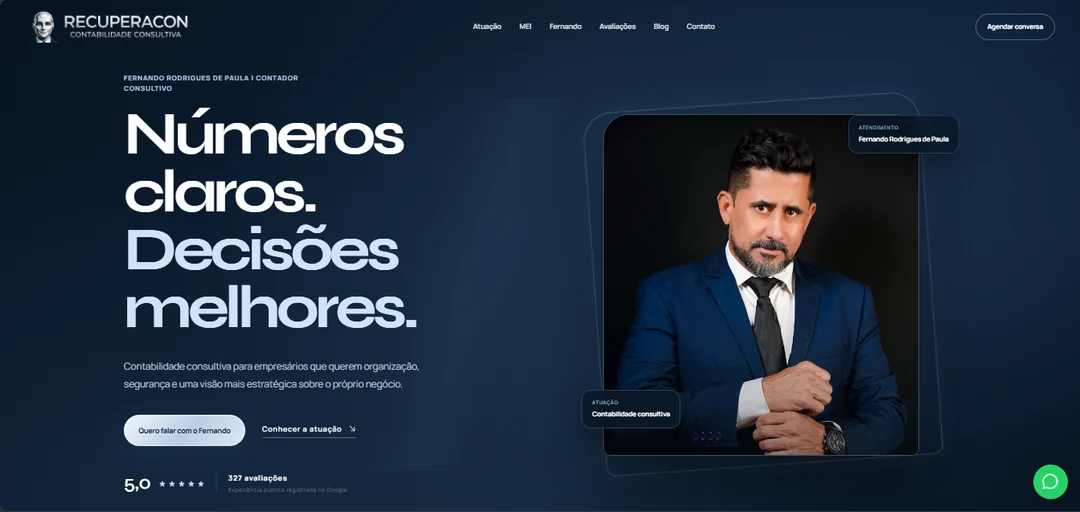 Prévia real do site da RecuperaCon com layout azul-marinho, apresentação do contador e chamada Números claros. Decisões melhores.
